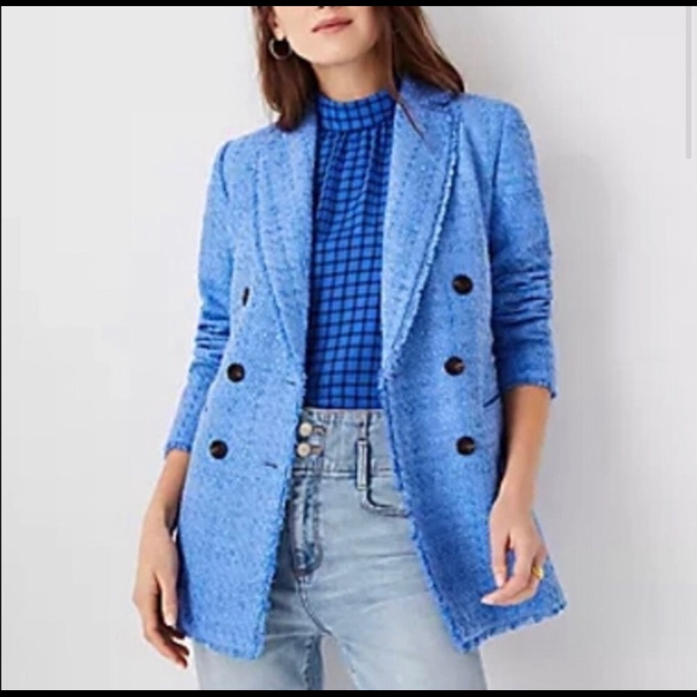 NWT Blue Tweed Double-Breasted Boyfriend Blazer